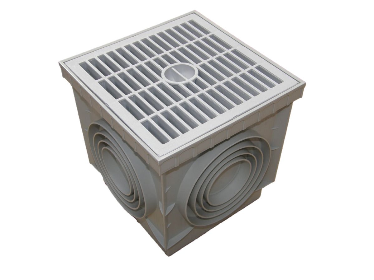 Caixa cúbica com grelha, resistente e funcional. Ideal para escoamento e ventilação de águas pluviais.