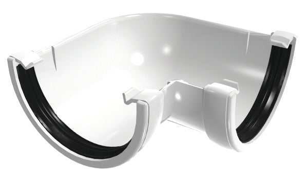 Canto 90° branco para caleira DE490, resistente e durável. Ideal para sistemas de drenagem eficientes.