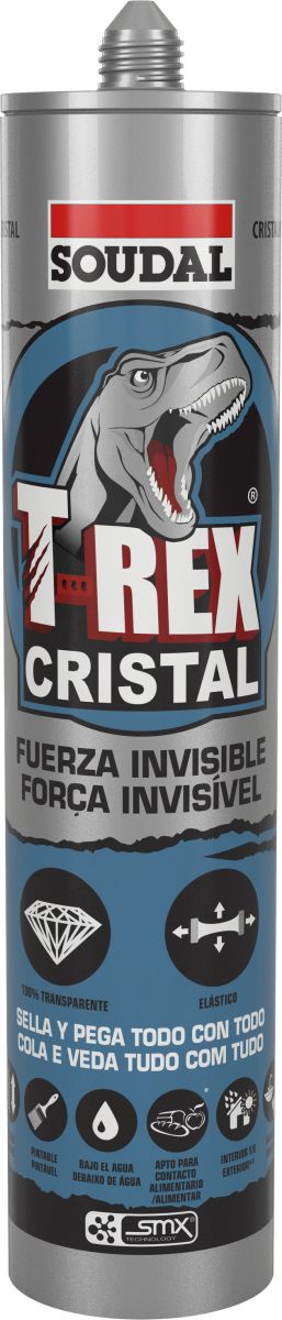 T-REX Cristal, adesivo transparente de alta resistência para fixação versátil.