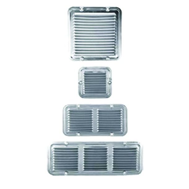 Grelha de alumínio quadrada, peça funcional para ventilação e escoamento de água.