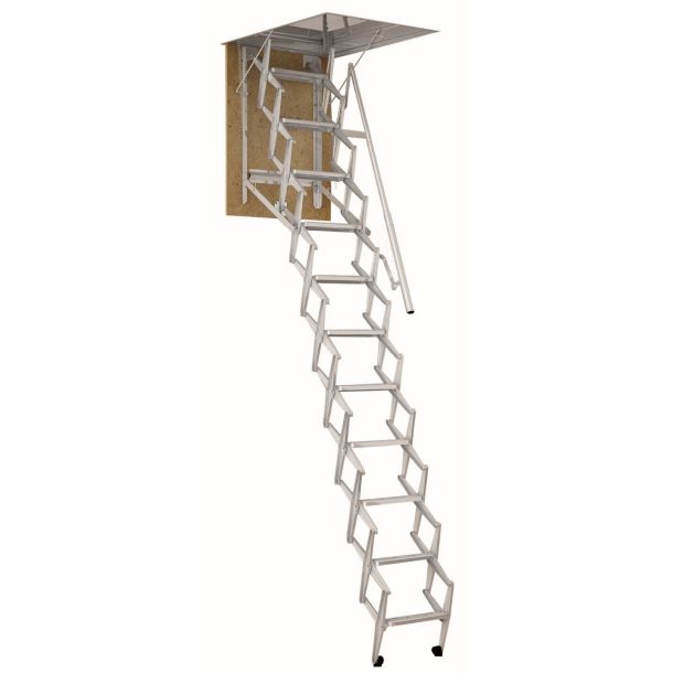 Escada pantográfica retrátil, compacta e segura. Ideal para acessos a sótãos e espaços elevados.