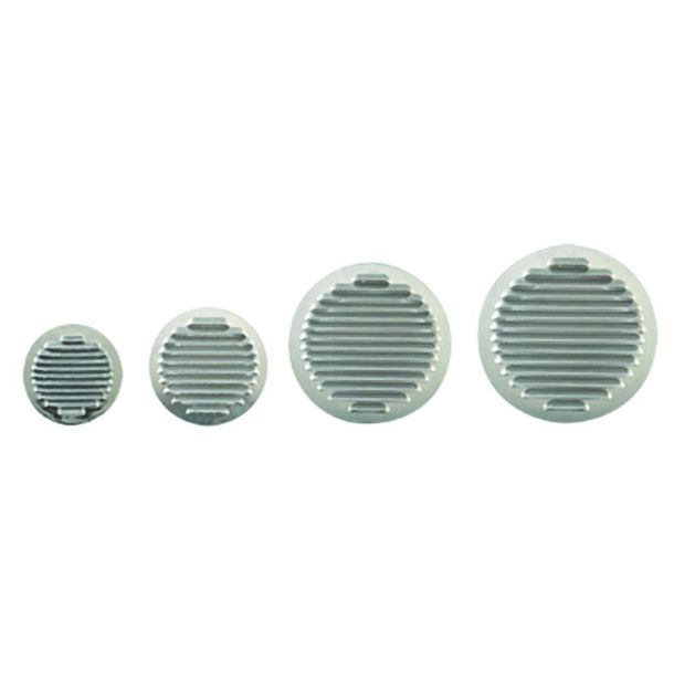 Grelha de alumínio redonda em blister, resistente e durável. Perfeita para ventilação e design moderno.