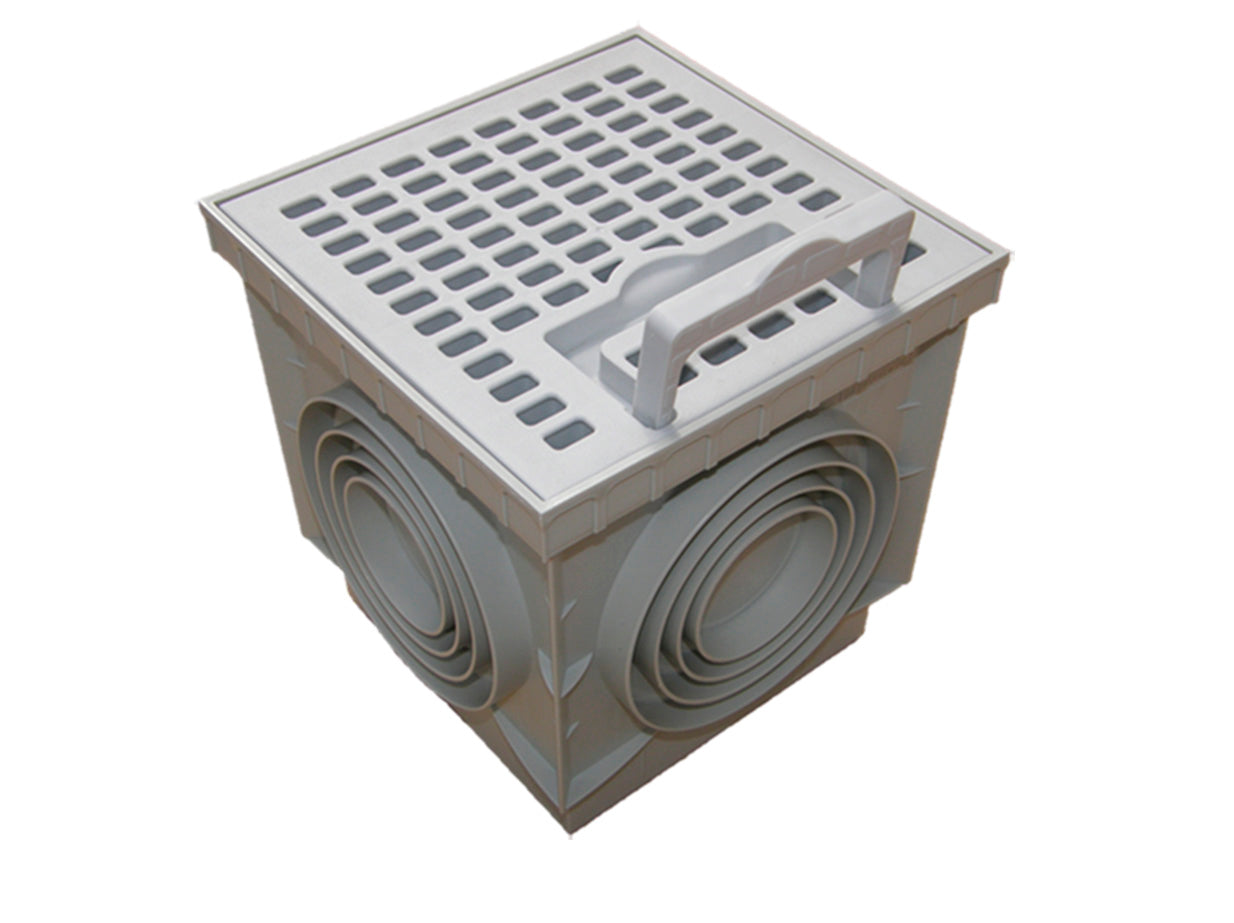 Caixa cúbica com grelha LUX e pega, ideal para ventilação e drenagem eficiente.