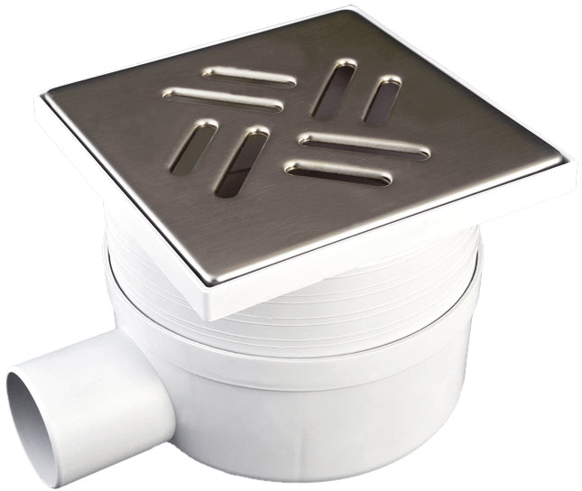 Ralo sifonado com saída lateral telescópica e grelha em aço inox, ideal para drenagem eficiente.